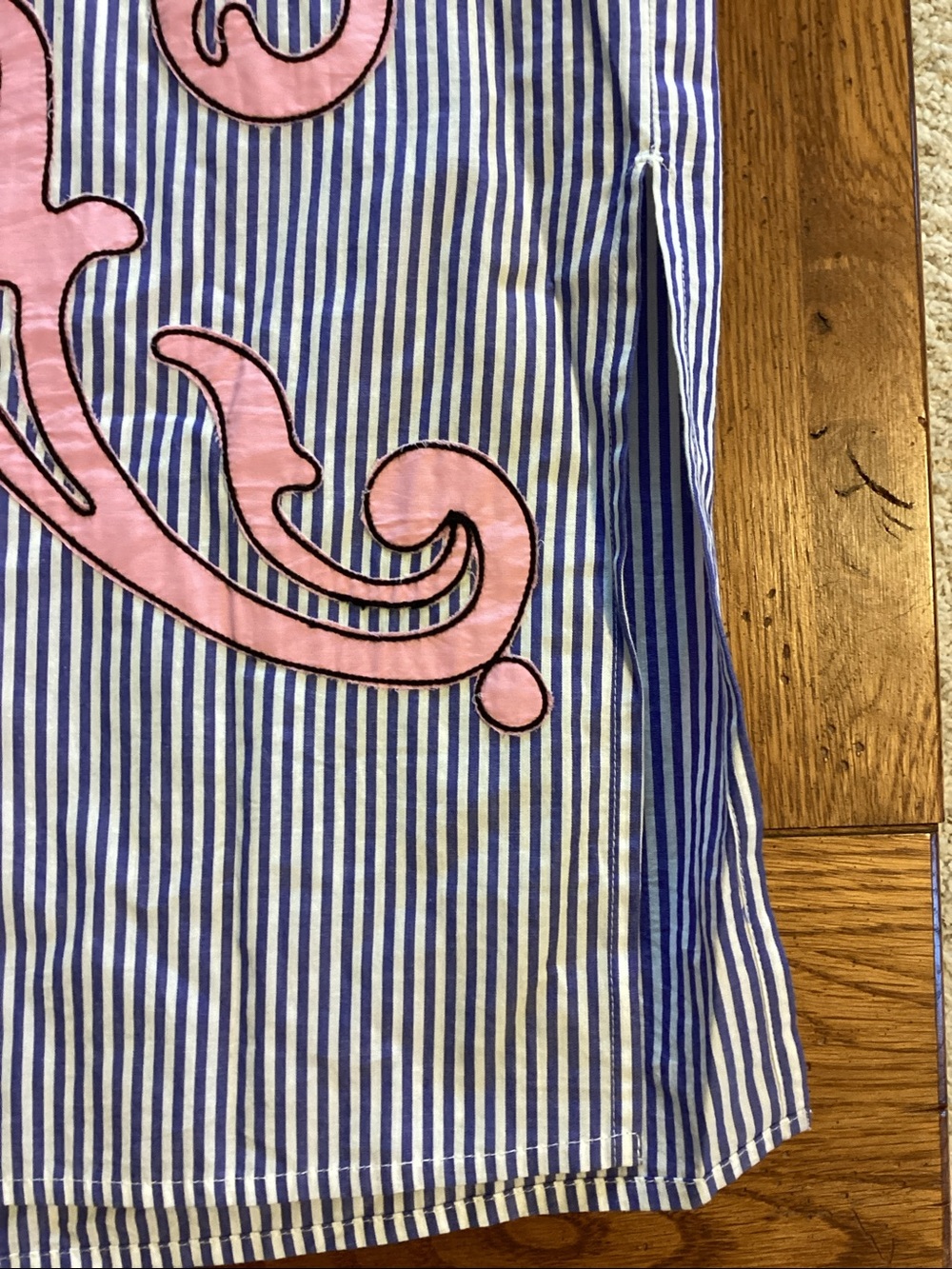 Tory Burch blue and white striped shirt dress with pink embroidered flowers. - Picture 7 of 16